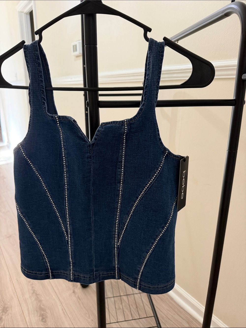 bebe Denim Corset style top with Studded Seams